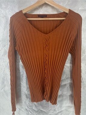 Fontana Vintage Y2K Terracotta Brown Ribbed Sweater Braided Lattice Sleeve Large